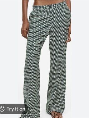 Wide-Leg Geometric Print Pants - Green/White